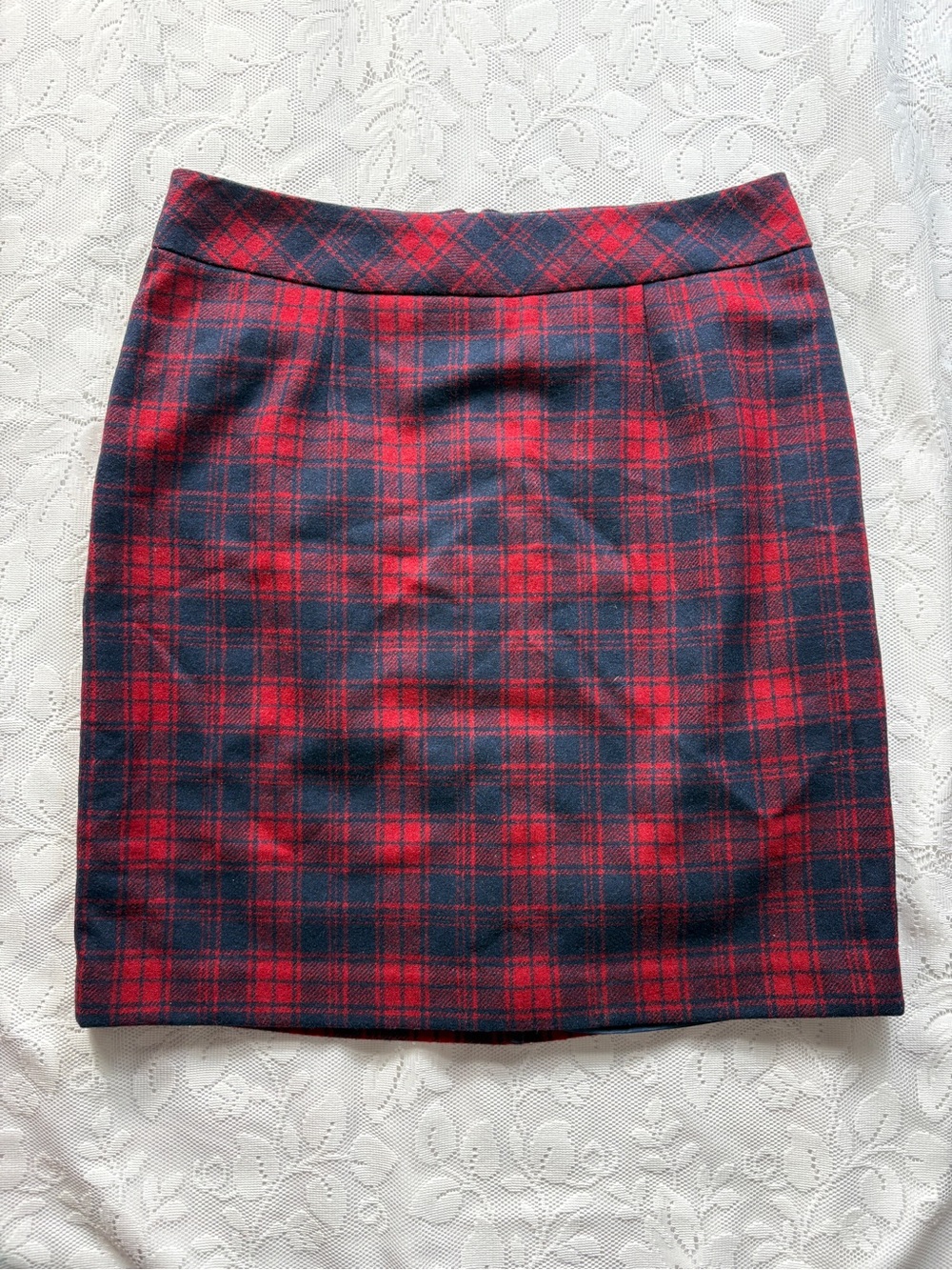 Chadwicks of Boston Red Navy Plaid Wool Blend Pencil Skirt 8P